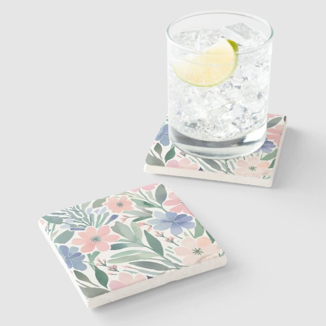 Boho Wildflower Watercolor Floral Pastel Stone Coaster (Side)