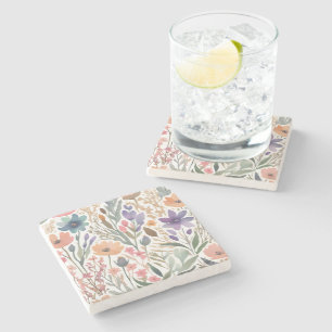 Boho Wildflower Watercolor Floral Pastel Stone Coaster