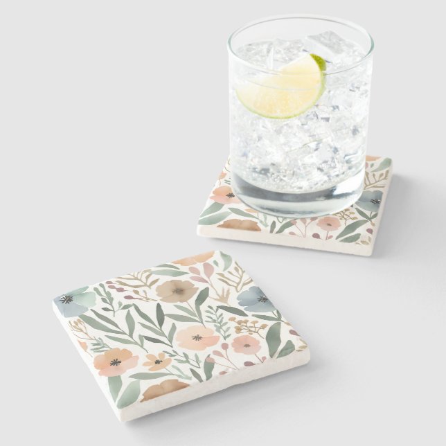 Boho Wildflower Watercolor Floral Pastel Stone Coaster (Side)