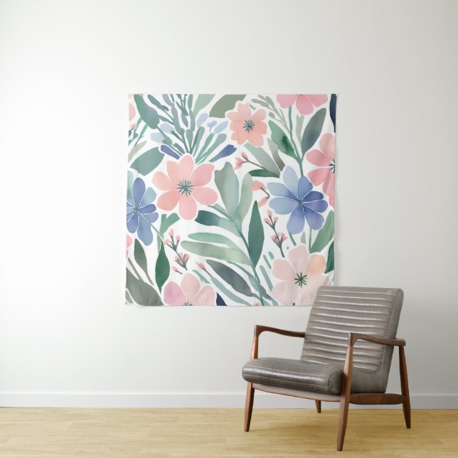 Boho Wildflower Watercolor Floral Pastel Wall  Tapestry (In Situ)