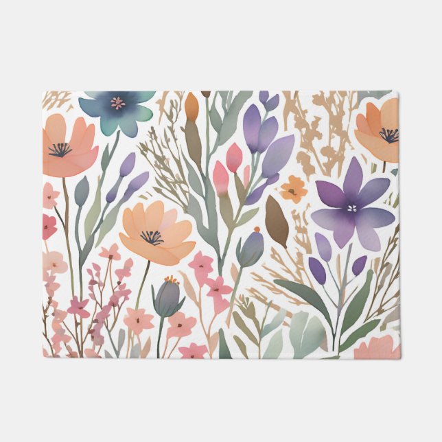 Boho Wildflower Watercolor Pastel Floral Entry Doormat (Front)