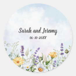 Boho Wildflower Watercolor Personalize Wedding Classic Round Sticker
