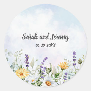 Boho Wildflower Watercolor Personalize Wedding Classic Round Sticker