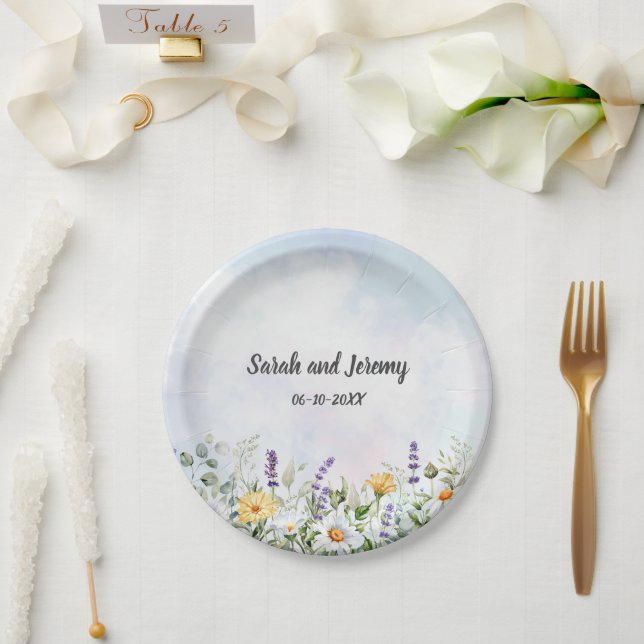 Boho Wildflower Watercolor Personalize Wedding Paper Plate (Wedding)