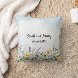 Boho Wildflower Watercolor Personalize Wedding Throw Pillow