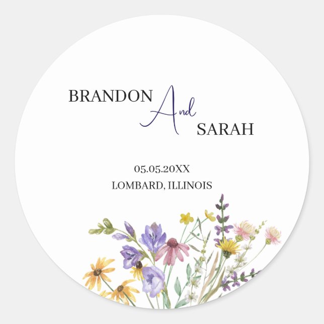 Boho Wildflower Wedding Classic Round Sticker (Front)