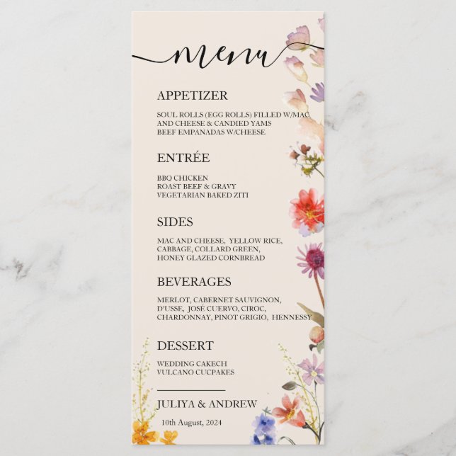 Boho wildflower Wedding Menu card  (Front)