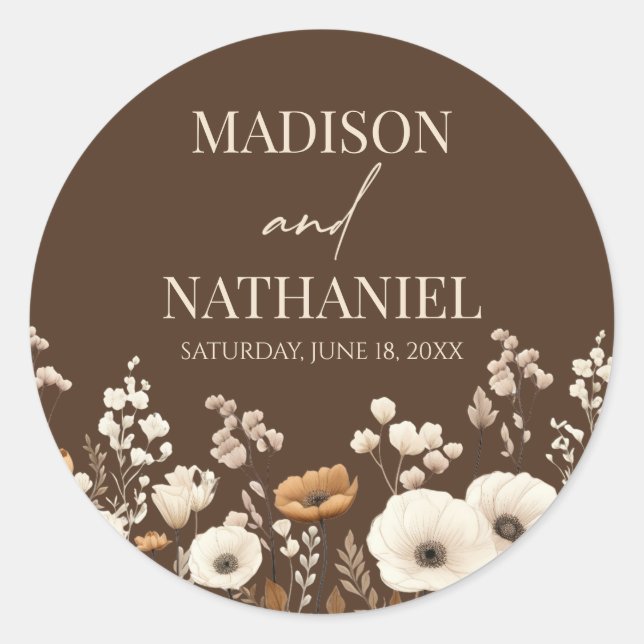 Boho Wildflower Wild Flower Floral Garden Wedding Classic Round Sticker (Front)