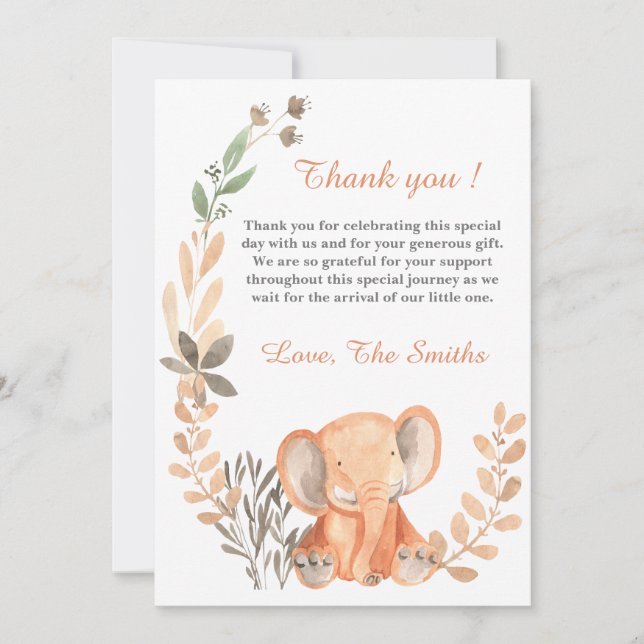 Boho Wildflowers Baby Elephant Thank you card (Front)