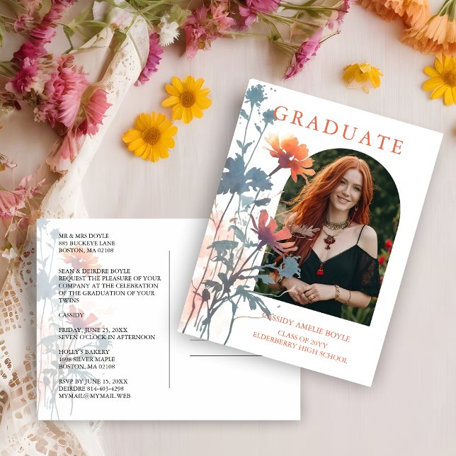 Boho Wildflowers Bunch Photo Modern Arch Graduate  Postcard (Boho Wildflowers Bunch Photo Modern Arch Frame Graduate Postcard Invitation. )