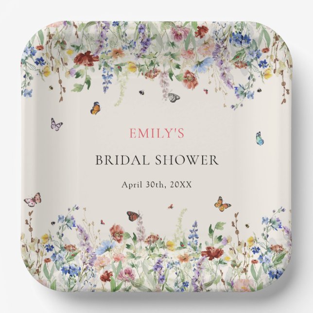 Boho Wildflowers Butterflies Bridal Shower Paper Plate (Front)
