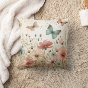 Boho Wildflowers & butterflies Throw Pillow