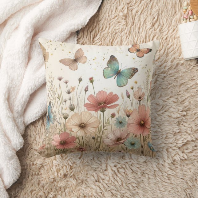 Boho Wildflowers & butterflies  Throw Pillow (Blanket)