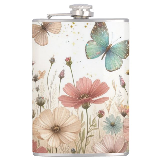 Boho Wildflowers & butterflies Vinyl Wrapped Flask (Front)