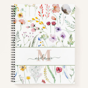 Boho Wildflowers Custom Name Monogram Notebook