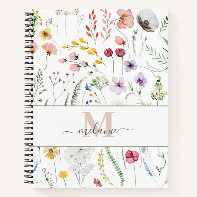 Boho Wildflowers Custom Name Monogram Notebook (Front)
