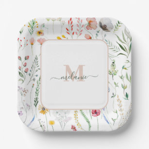 Boho Wildflowers Custom Name Monogram Paper Plate