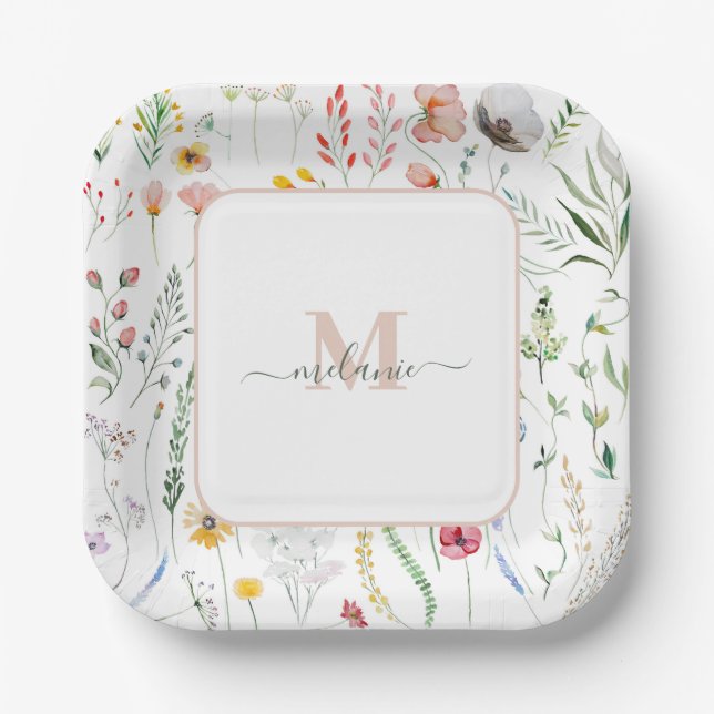 Boho Wildflowers Custom Name Monogram Paper Plate (Front)