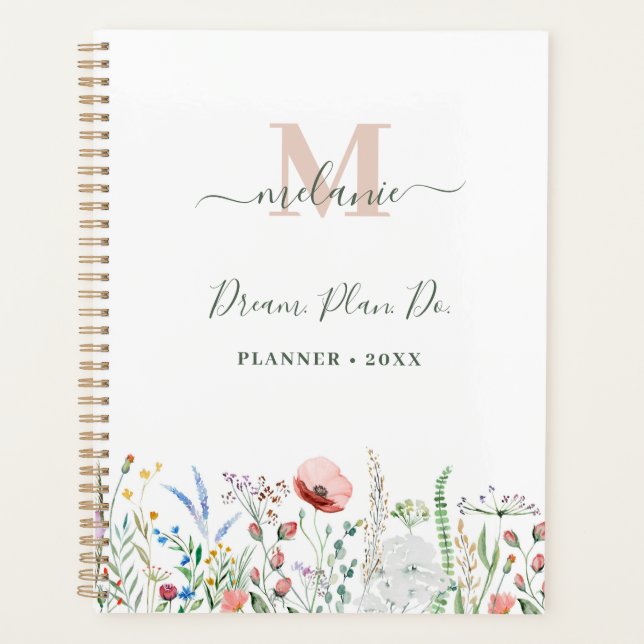 Boho Wildflowers Custom Name Monogram Planner (Front)