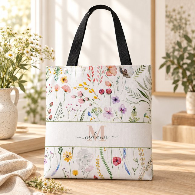 Boho Wildflowers Custom Name Monogram Tote Bag (Boho Wildflowers Custom Name Monogram Tote Bag
)