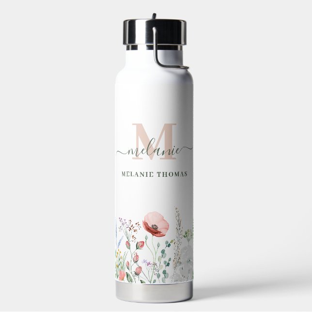 Boho Wildflowers Custom Name Monogram Water Bottle (Left)
