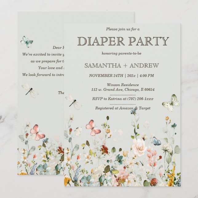 Boho Wildflowers Diaper Party Template  (Front/Back)