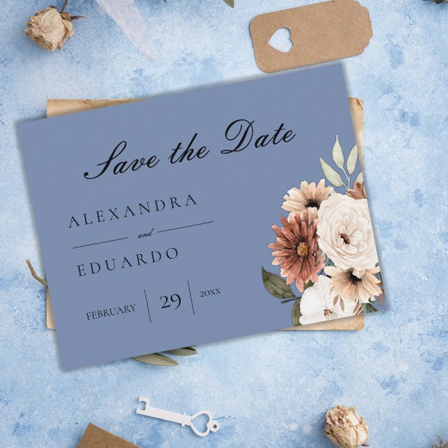 Boho Wildflowers Dusty Blue Wedding Save the Date Announcement Postcard (Creator Uploaded)
