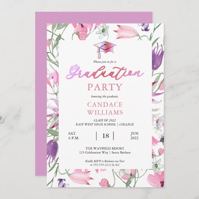 Boho Wildflowers Floral Frame Graduation Party  Invitation (Front/Back)