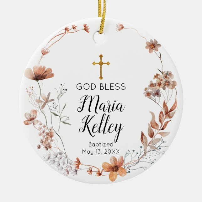 Boho Wildflowers Floral Personalized Girl Baptism Ceramic Ornament (Front)