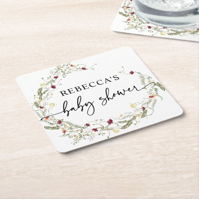 Boho Wildflowers Greenery Baby Shower  Square Paper Coaster (Angled)