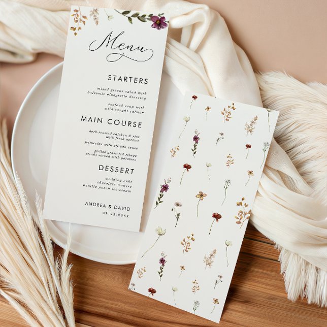 Boho Wildflowers Ivory Cream Wedding Three Course Menu (Creator Uploaded)