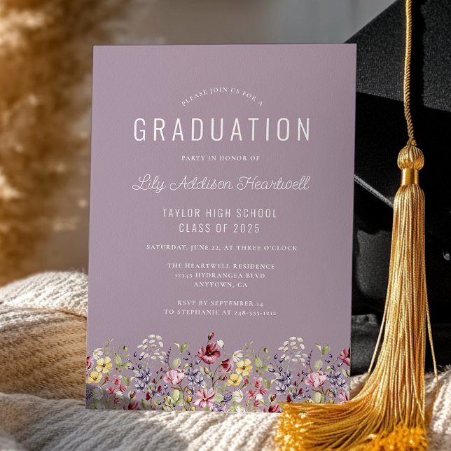 Boho Wildflowers Mauve Graduation Party Invitation (Creator Uploaded)