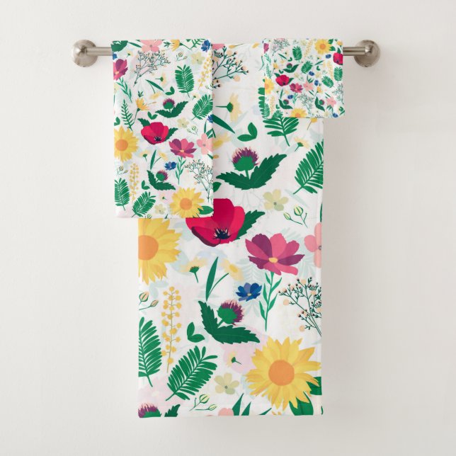 Boho Wildflowers Meadow Floral Design Bath Towel Set (Insitu)