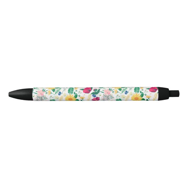 Boho Wildflowers Meadow Floral Design Black Ink Pen (Front)
