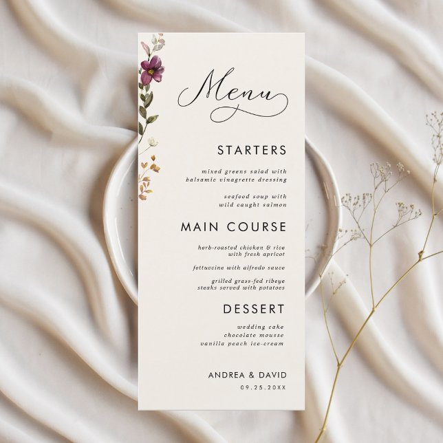 Boho Wildflowers Monogram Wedding Three Course Menu (Creator Uploaded)