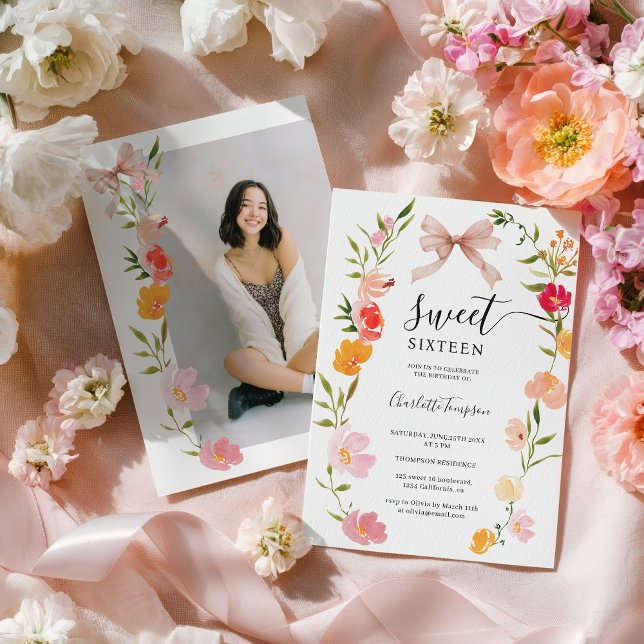 Boho Wildflowers Pink Coquette Bow Photo Sweet 16 Invitation (Boho Wildflowers Pink Coquette Bow Photo Sweet 16 Invitation)