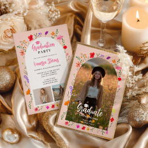 Boho wildflowers Pink Garden photos graduation Invitation