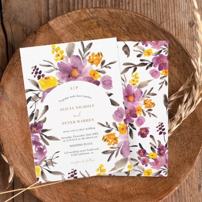 Boho wildflowers purple yellow Watercolor Wedding Invitation (Boho wildflowers purple yellow Watercolor Wedding Invitation)