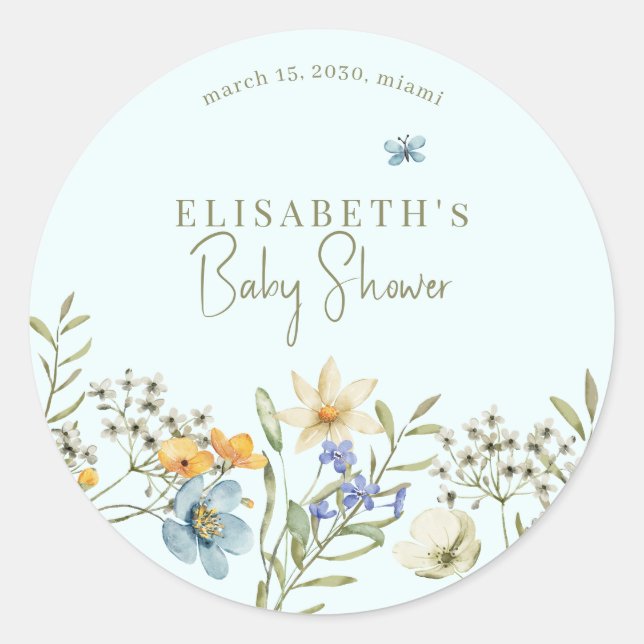 Boho wildflowers spring baby shower personalized classic round sticker (Front)