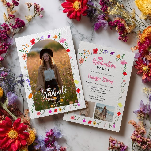 Boho wildflowers Spring Garden photos graduation Invitation (Boho wildflowers Spring Garden photos graduation Invitation)