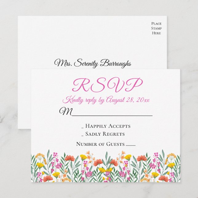 Boho Wildflowers Summer Floral Wedding RSVP  Invitation Postcard (Front/Back)