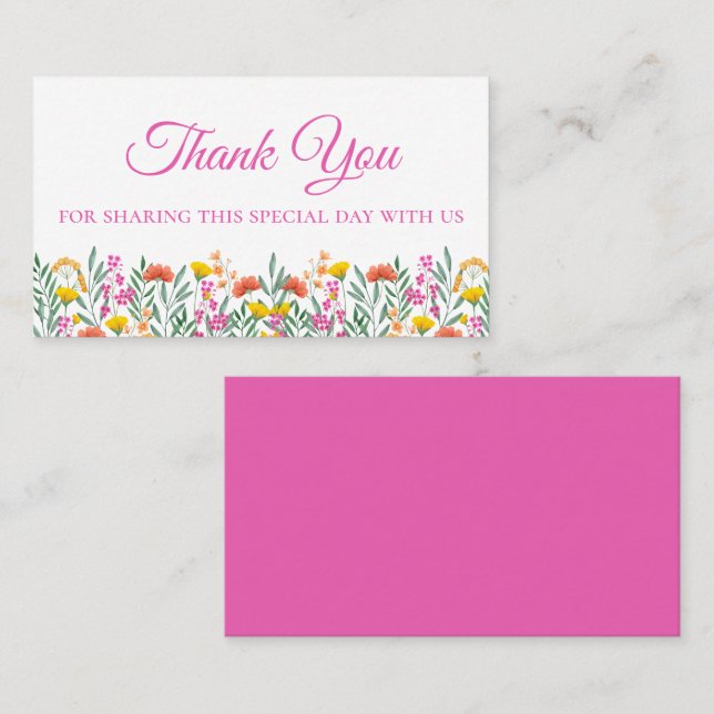 Boho Wildflowers Thank You Pink Floral Wedding Place Card (Front/Back)