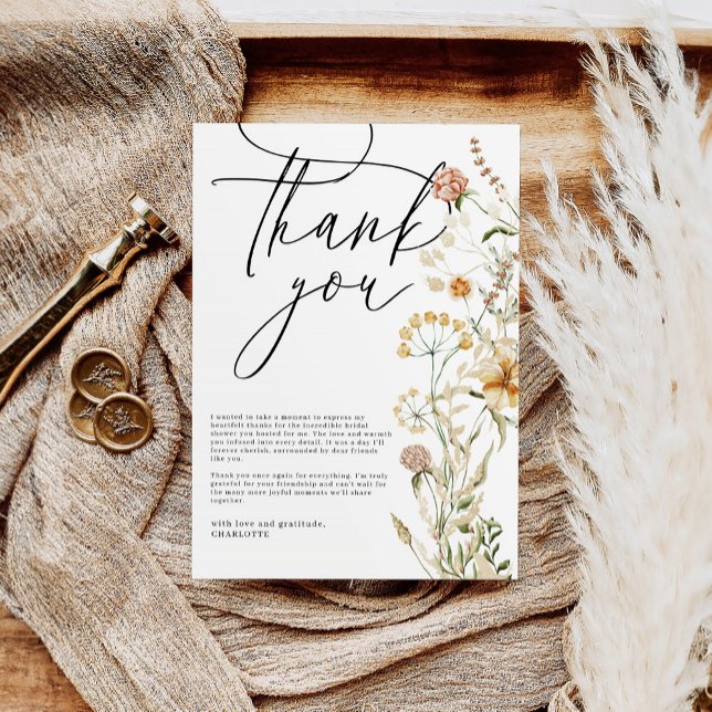 Boho Wildflowers Watercolor Minimal Bridal Shower Thank You Card (Creator Uploaded)