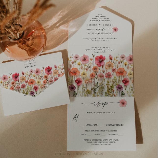 Boho Wildflowers Wedding Colourful Flowers All In One Invitation (Wildflower Wedding Invite)