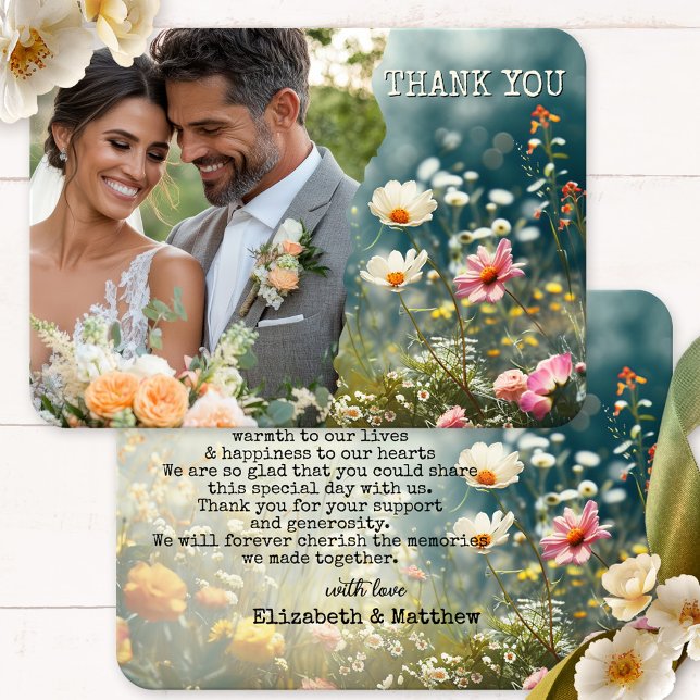 Boho Wildflowers Wedding Photo Thank You Card (Wedding Thank You card featuring your custom photo framed by a bohemian design with wildflowers.)