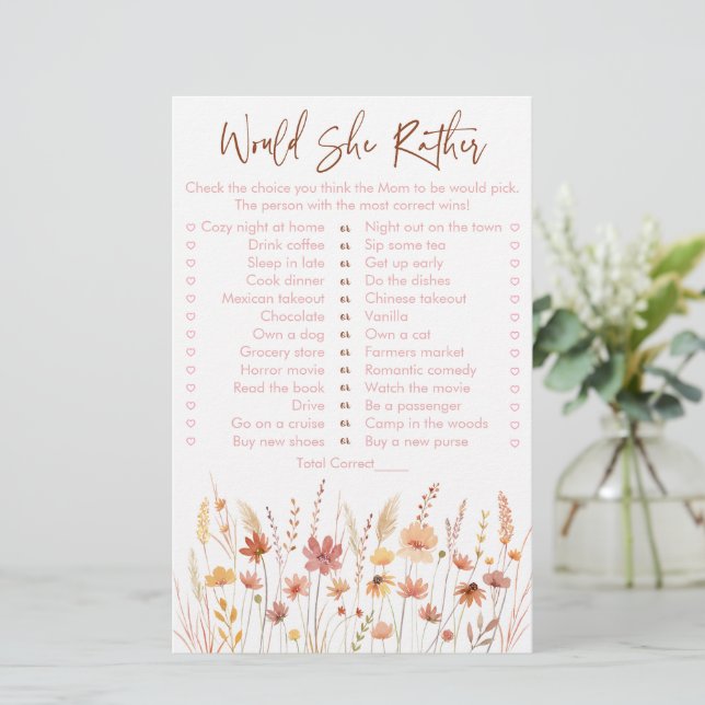 Boho Wildflowers Would She Rather Baby Shower Game (Standing Front)