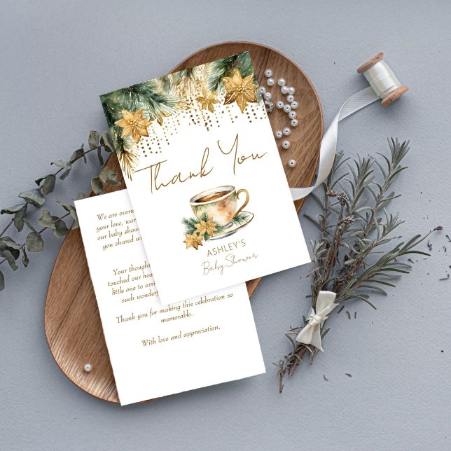 Boho winter baby shower tea party thank you card (Boho winter baby shower tea party thank you card watercolor pines gold poinsettia tea cup thank you )