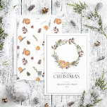 Boho Winter Citrus Wreath Merry Christmas Script H Holiday Card<br><div class="desc">Looking for a beautiful, simple, and elegant holiday card? Look no further than our Boho Winter Citrus Wreath Merry Christmas Script Holiday Card! This stunning card features a wreath decorated with watercolor botanicals of citrus, pine boughs, star anise, and cinnamon, with the 'Merry Christmas' message written in a popular hand...</div>