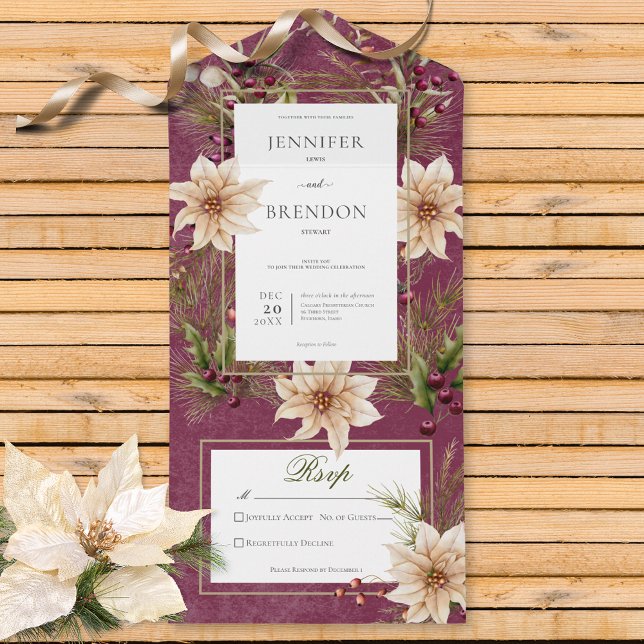 Boho Winter Greenery Boughs Burgundy QR Code All In One Invitation (Also available without a QR code; with or without dinner selection options.)