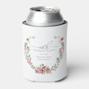 Boho Winter Greenery Red Floral 100th Birthday Can Cooler